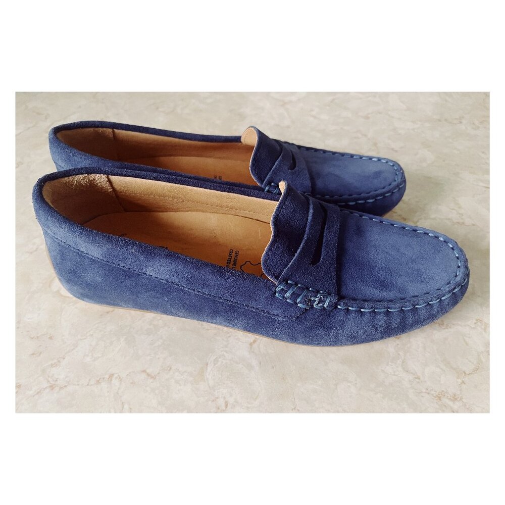 NWOB Samuel Hubbard Sz 5.5 Blue Suede Driving Loafers Comfort Made in Brazil